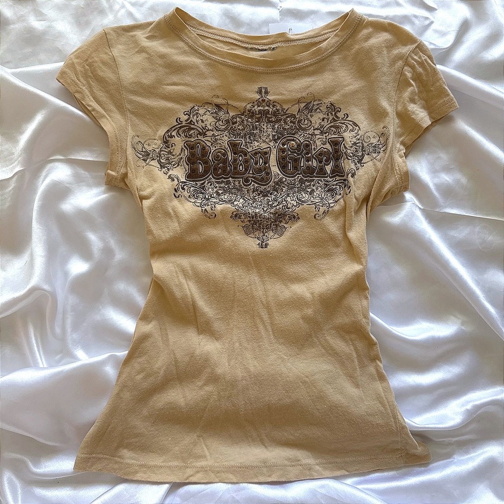 Y2K Baby Girl Graphic Baby Tee Tan Leopard Print Cap Sleeve Slim Fit Top
